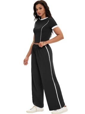 Onfers Women's 2 Piece Outfits Sweatsuit Set Short Sleeve Crewneck Crop Top Wide